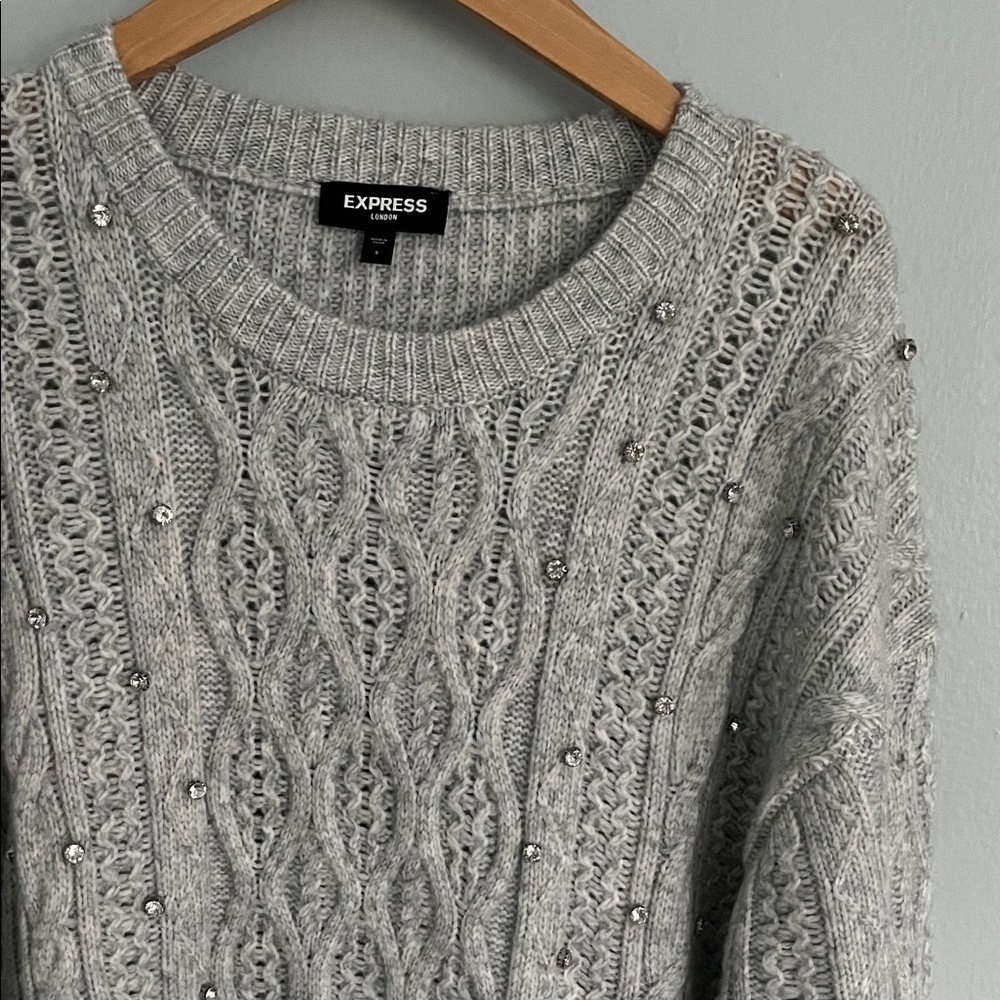 Silver Rhinestone Cable Knit Sweater